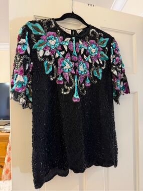 Vintage Black Sequin Floral Embellished Top